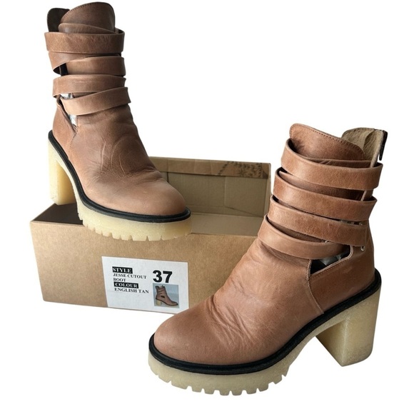 Free People leather strappy cutout ankle boot Jesse tan lug sole beige camel 37 - Picture 16 of 16